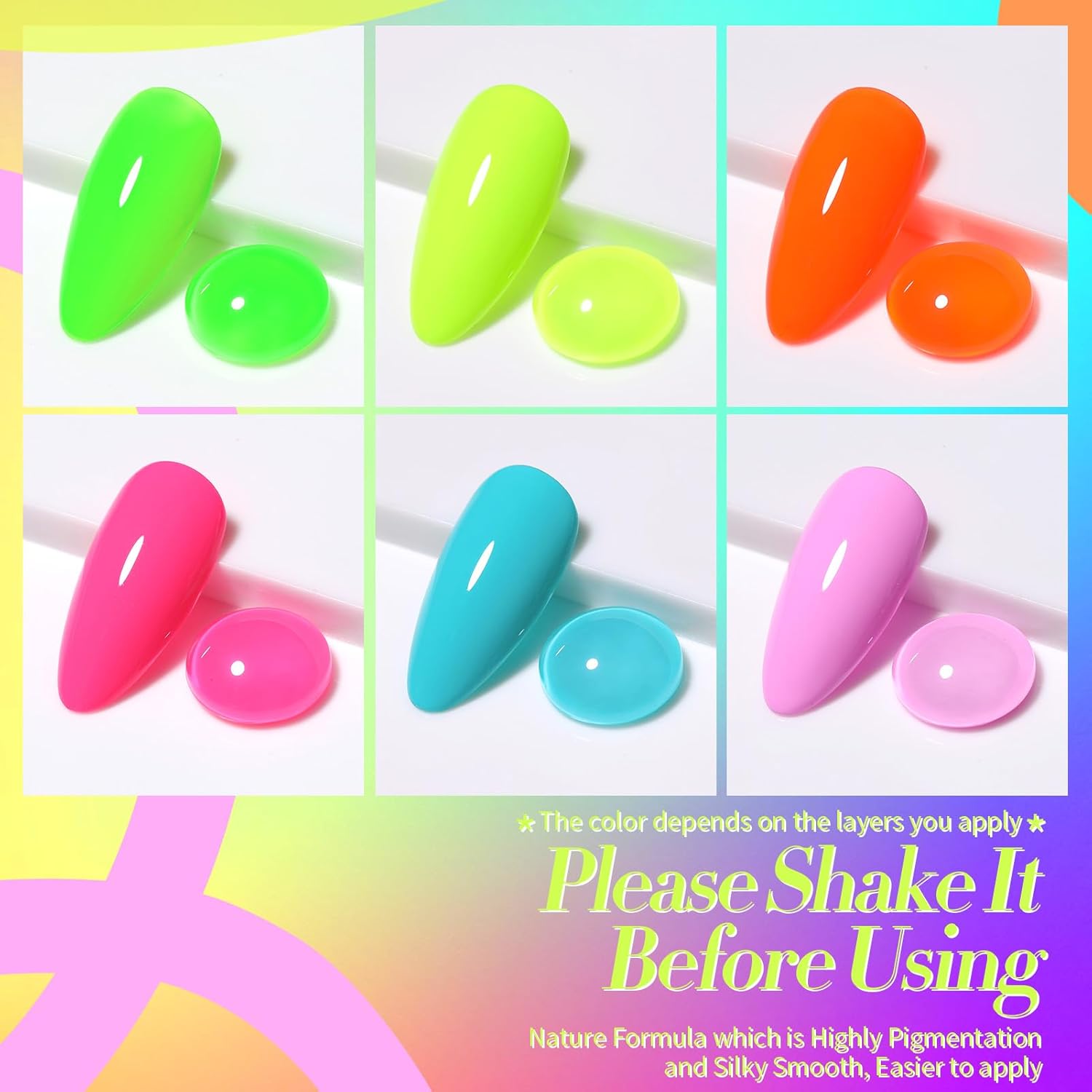 Born Pretty Gel Nail Polish Neon Gel Nail Polish Set Fluorescent Gel polish Orange Hot Pink Blue Yellow Green Purple Vibrant Soak Off U V LED Gel Nail Polish Nail Art 7ml 6pcs - Image 2