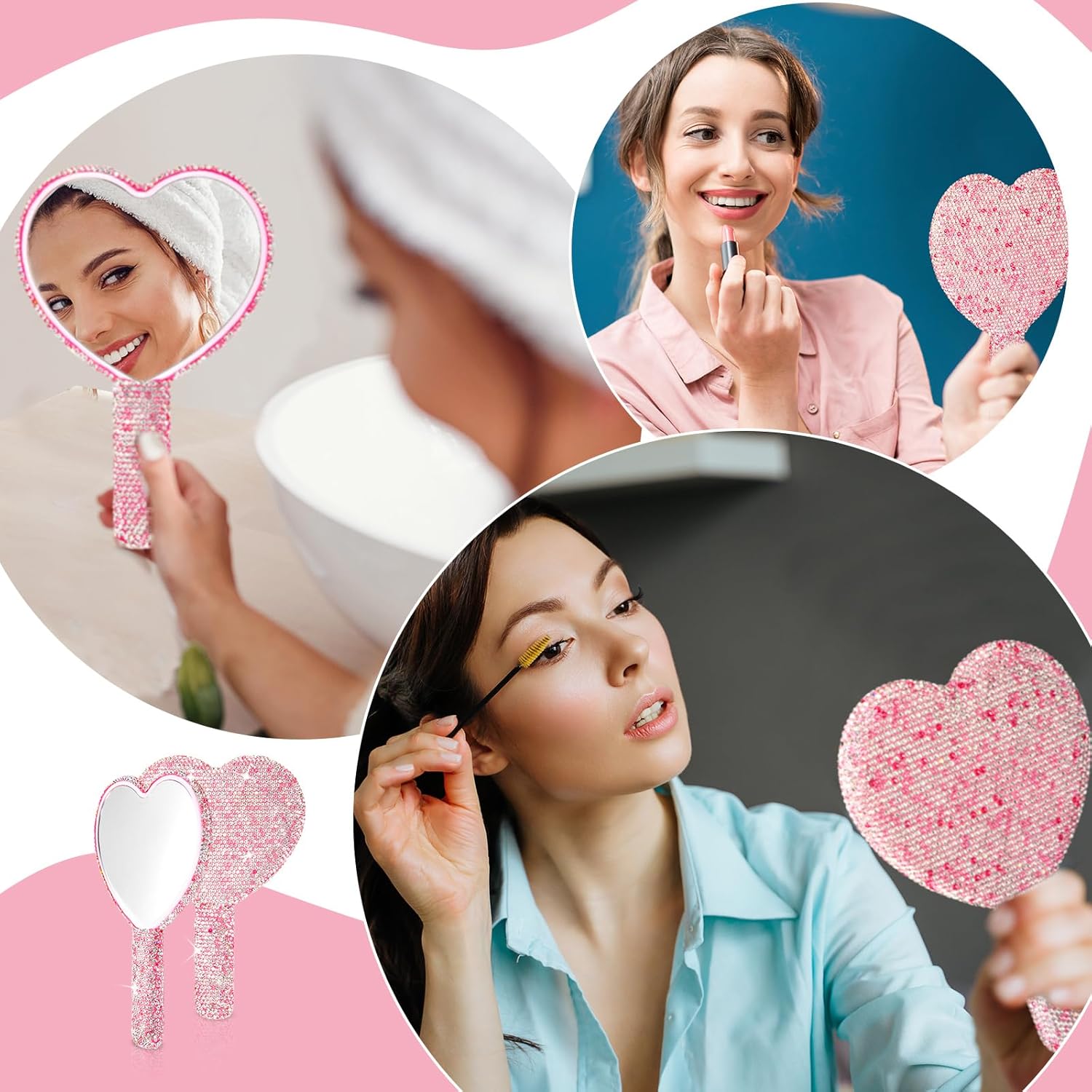 Thyle 4 Pcs Rhinestone Handheld Mirror and Bling Hair Brush Set 2 Cute Heart Shaped Mirror 2 Wet and Dry Hair Brush for Women, Girls Bride, Bridesmaid Gift(Pink) - Image 6