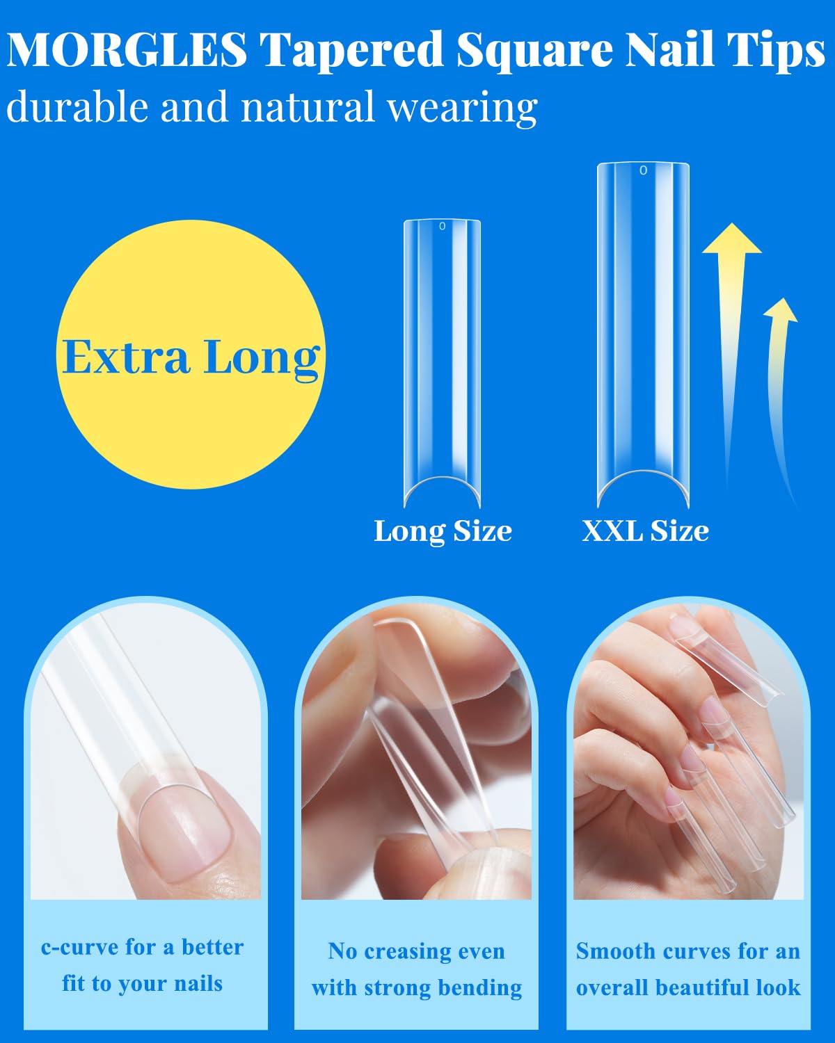 MORGLES Clear Tapered Square Nail Tips, 240 Pcs XXL Extra Long Straight C Curve Nail Tips 12 Sizes Half Cover French Clear for Acrylic Home DIY with Box - Image 3