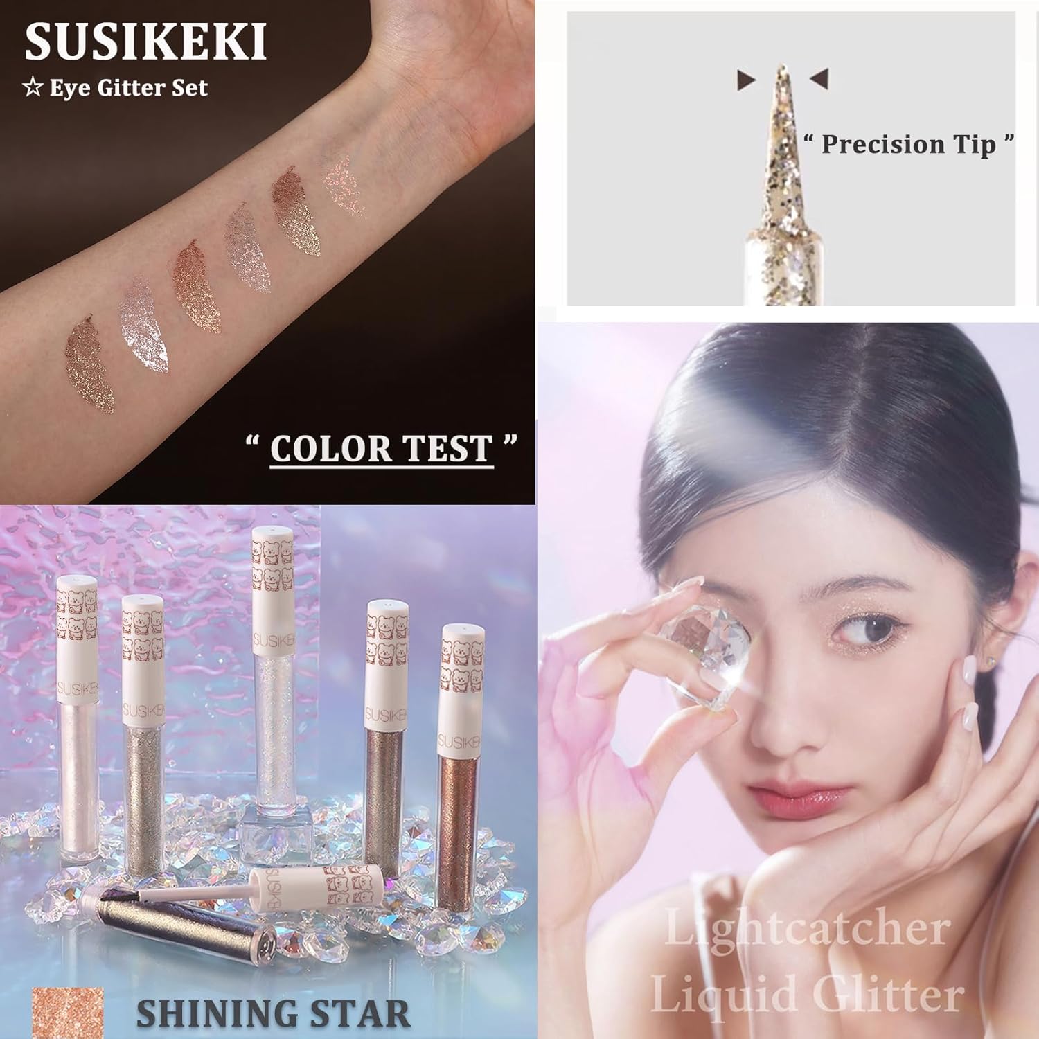 Eye Glitter Liquid Eyeshadow Eyeliner Set(6Pcs), Glittery Korean Makeup Bling Under Eye Shadows, Shimmer Tear Drop Make Up Gift Kit, Quick-Dry, Long-Lasting Loose Glitter Glue for Crystal Makeup - Image 2