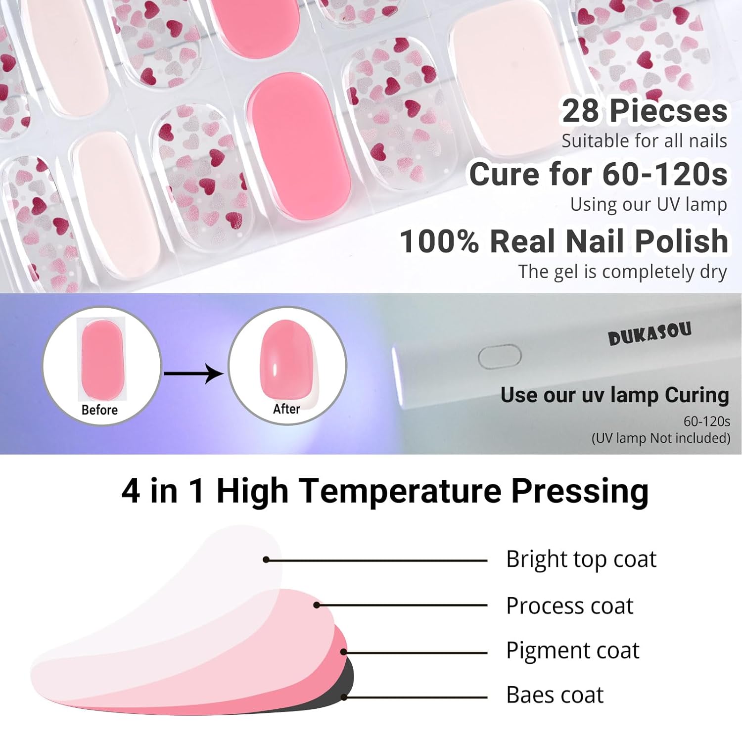 Semi Cured Gel Nail Strips, Love Heart | 28 pcs Gel Nail Strips Work with Any UV Lamp, Salon Quality UV Nails Stickers, Easy to Apply for Home Nails DIY - Image 3