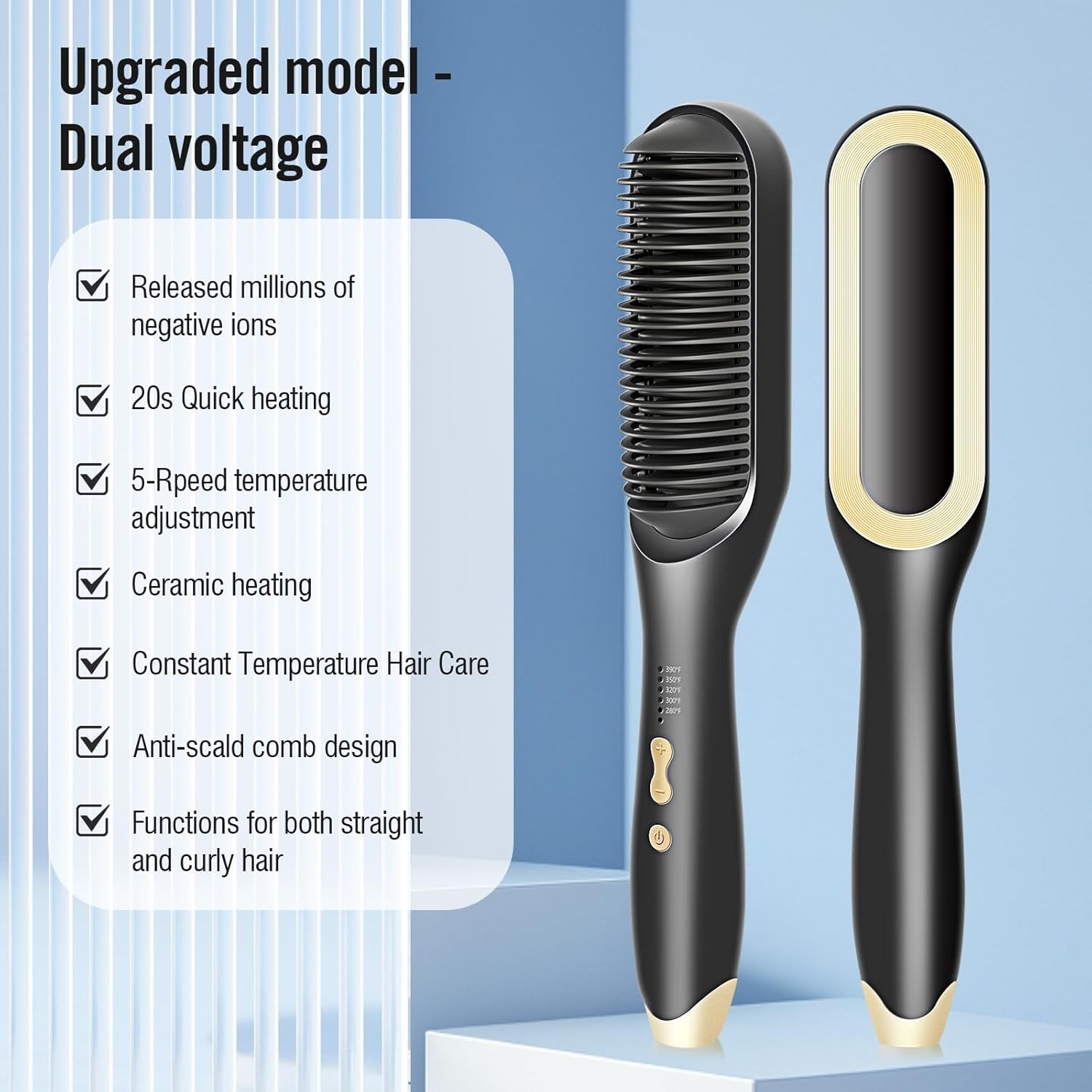 Hair Straightener Brush-Ionic Hair Brush Straightener for Women with 5 Temp Settings,Fast Heating & Dual Voltage Hair Straightening Comb,Anti-Scald & Auto-Shut Off (Black) - Image 2