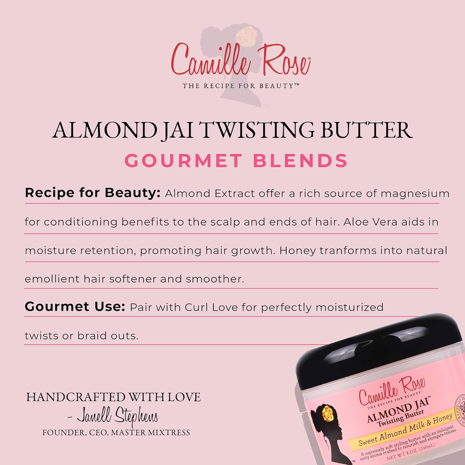 Camille Rose Almond Jai Twisting Hair Styling Butter, with Aloe and Honey, to Soften Smooth and Moisturize, for All Hair Types, 8 oz - Image 4