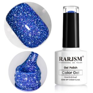 RARJSM Reflective Glitter Gel Polish Royal Blue Sparkle Iridescent Rainbow Shimmer Dark Blue Nail Polish 7.5ml Soak Off Sparkle Flash Disco Diamond Salon DIY Home Manicure