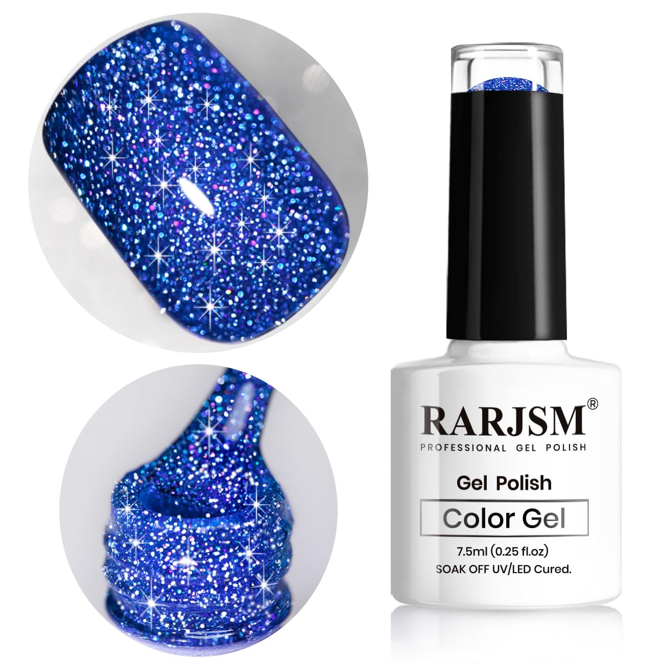 RARJSM Reflective Glitter Gel Polish Royal Blue Sparkle Iridescent Rainbow Shimmer Dark Blue Nail Polish 7.5ml Soak Off Sparkle Flash Disco Diamond Salon DIY Home Manicure