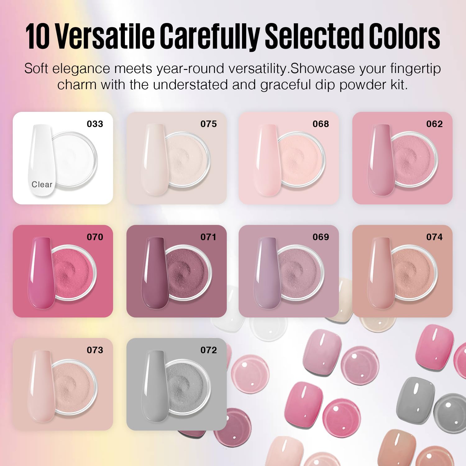 MEFA Dip Powder Nail Kit Clear Nude Pink Purple Grey 10 Colors Dipping Powder with Base Top Coat Activator Liquid Set Recycling Tray, All Seasons Elegant Romantic Tones French Nail Art Manicure Salon - Image 3