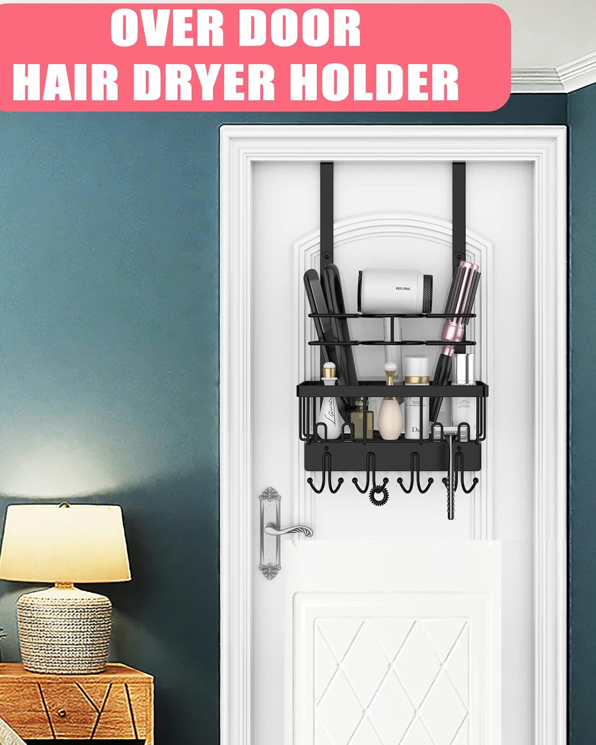 REFLYING Over-the-Door Hairdryer and Styling Tool Organizer, Metal, Black, 3 Compartments, 8 Hooks, 15"H x 10"W x 4.7"D - Image 3