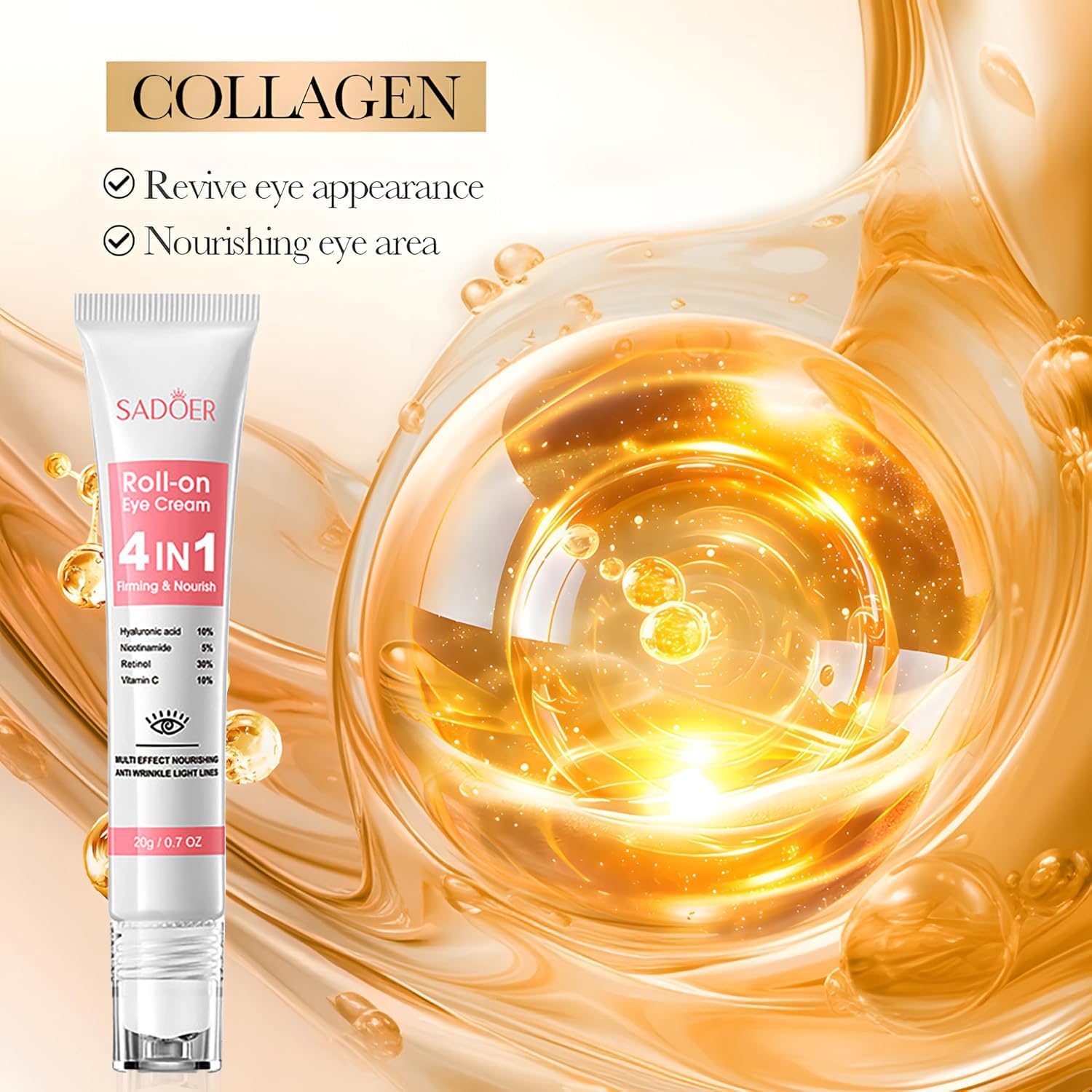 Eye Cream with 10% Hyaluronic Acid, 5% Nicotinamide, 30% Retinol, 10% Vitamin C for Puffy Eye Bags Fine Lines Dark Circles Wrinkles, Under Eye Cream with 360° Eye Roller Massage Ball, 0.7 fl. oz - Image 7