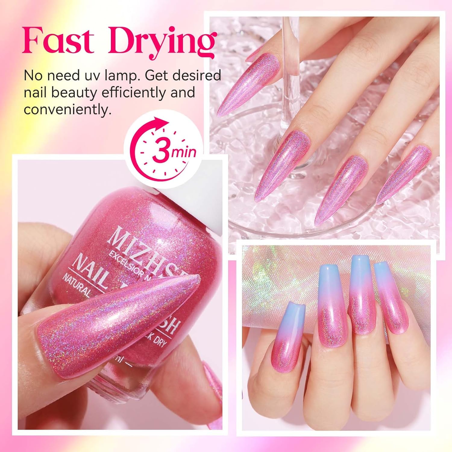 MIZHSE Holographic Nail Polish, Pink Glitter Nail Polish Air Dry Fast, 15 ml High Glossy Shimmer Nail Pigment Oil-based Laser Iridescent Nail Lacquer Chrome Halo Nail Art Salon Manicure Home - Image 4