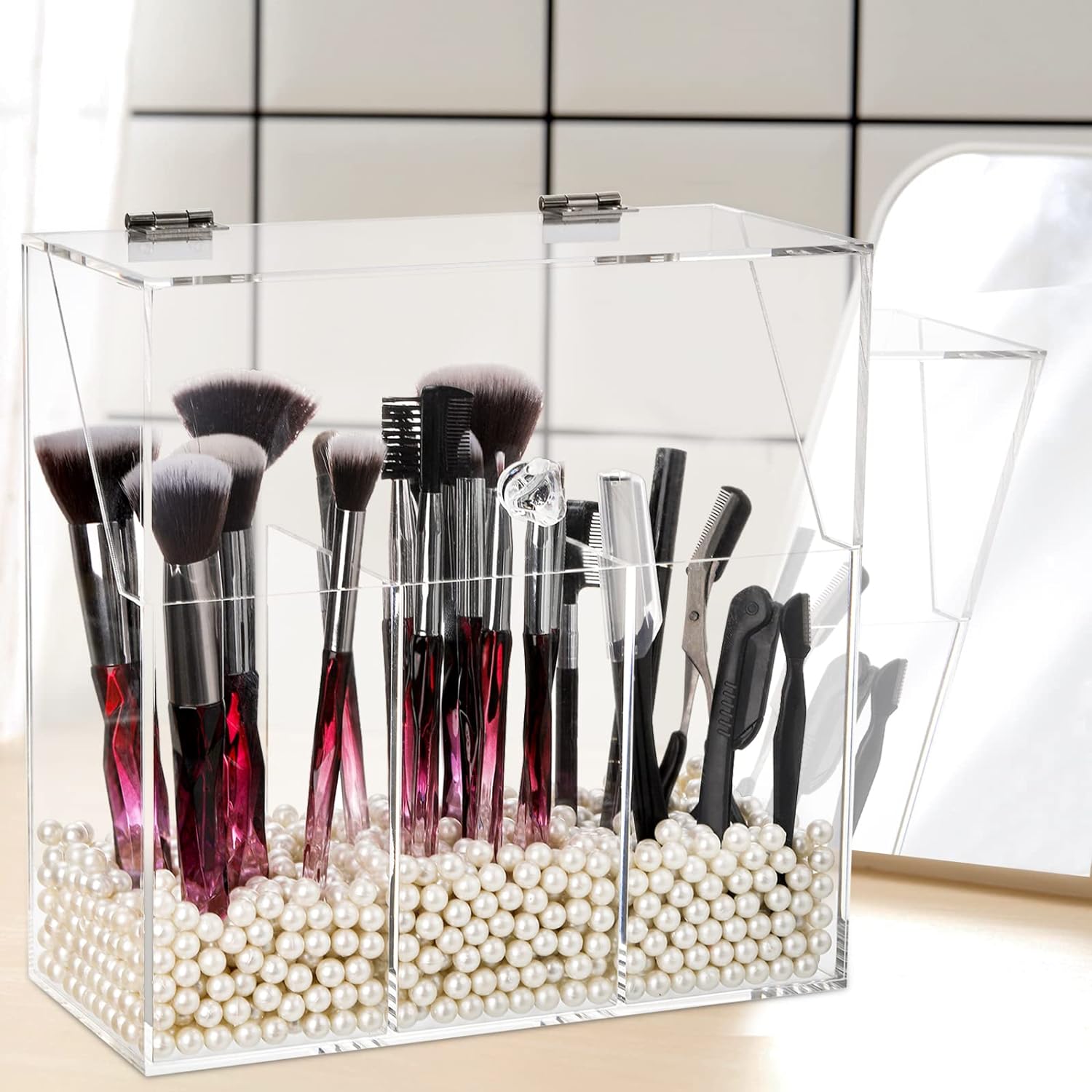 Okllen Makeup Brush Holder with Dustproof Lid, White Pearls, Acrylic Clear Makeup Brush Organizer with 3 Compartment, Large Cosmetic Brush Storage Box Case for Vanity, Bathroom, Bedroom - Image 4