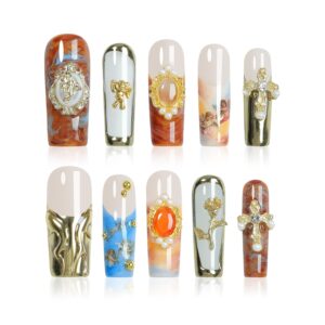 Handmade Press On Nails long Coffin, Reusable Stick On Fake Nails with Nails Glossy Stick on Nails Full Elegant Sexy Style For Women(Medium)