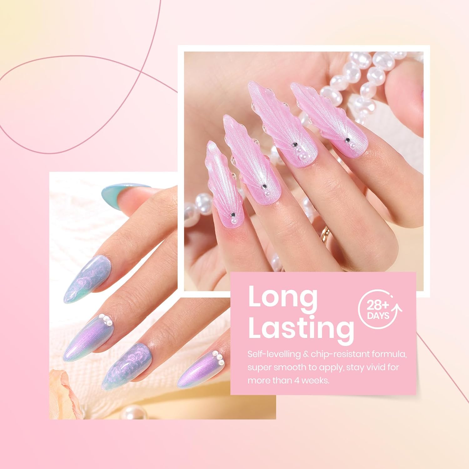 Beetles Pearl Gel Nail Polish, 6 Colors Shimmer Pearl White Pink Purple Mermaid Nail Drawing Gel Polish Soak Off Uv Gel Polish Swirl Shell Thread Effect DIY Manicure Gift for Women - Image 5