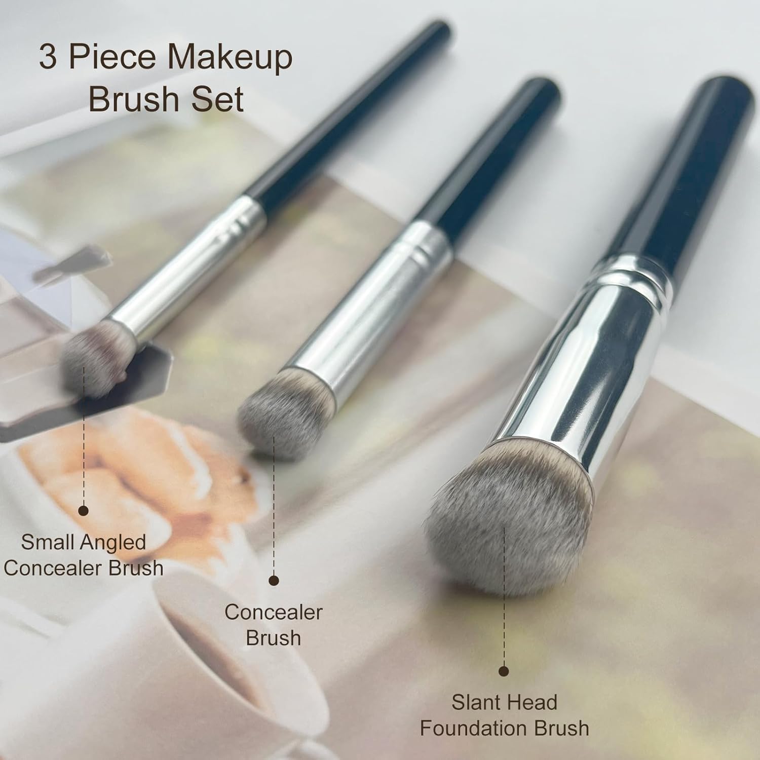 3-Piece Foundation Contour Brush Set, Kabuki Brushes for Liquid, Cream, and Powder Makeup, Includes Under Eye and Mini Concealer Brushes, Black - Image 3