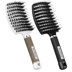 Boar Bristle Hair Brush 2PCS, Curved Vented Detangling Brush for Wet and Dry Hair, Styling Paddle Hairbrush for Women Men Kids Curly Straight Thick Long or Short Hair