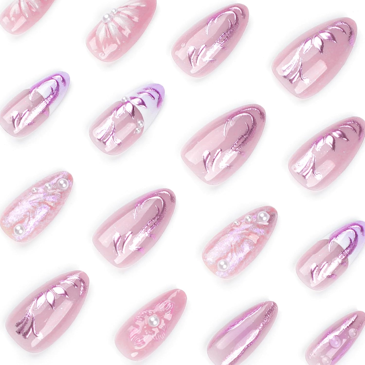 3D Press-on Nails - Handmade, Charms, Flower, Pearl, Pink, French, Acrylic, Almond Shape, Very Cute, Medium Stick-on Nails for Women, 24pcs - Image 3