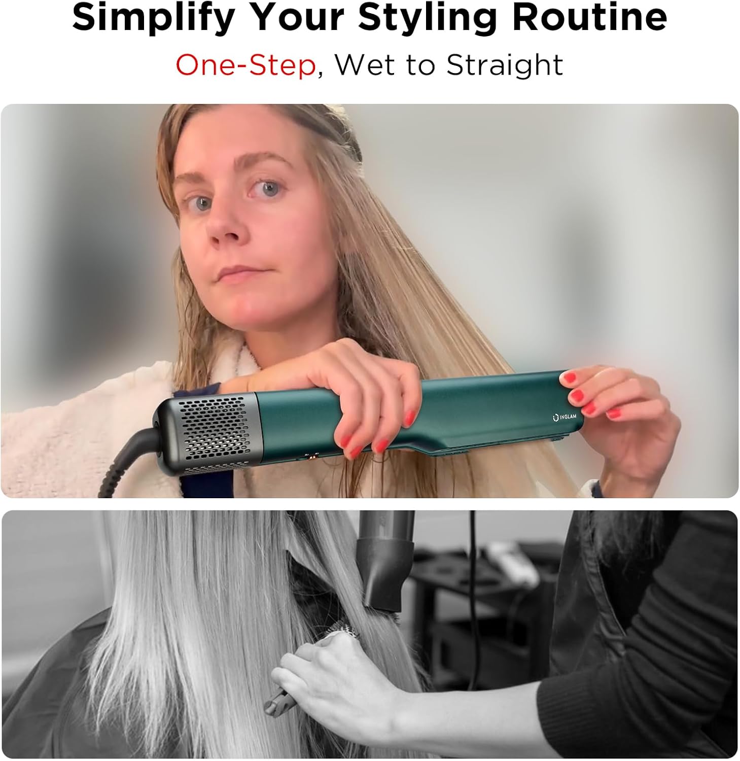 IG INGLAM Air Straight, Style from Wet Hair, 200M Ionic Dryer Straightener for Medium Long Hair (14'-30'), 2 in 1 Fast Drying and Straightening, Dark Green - Image 5