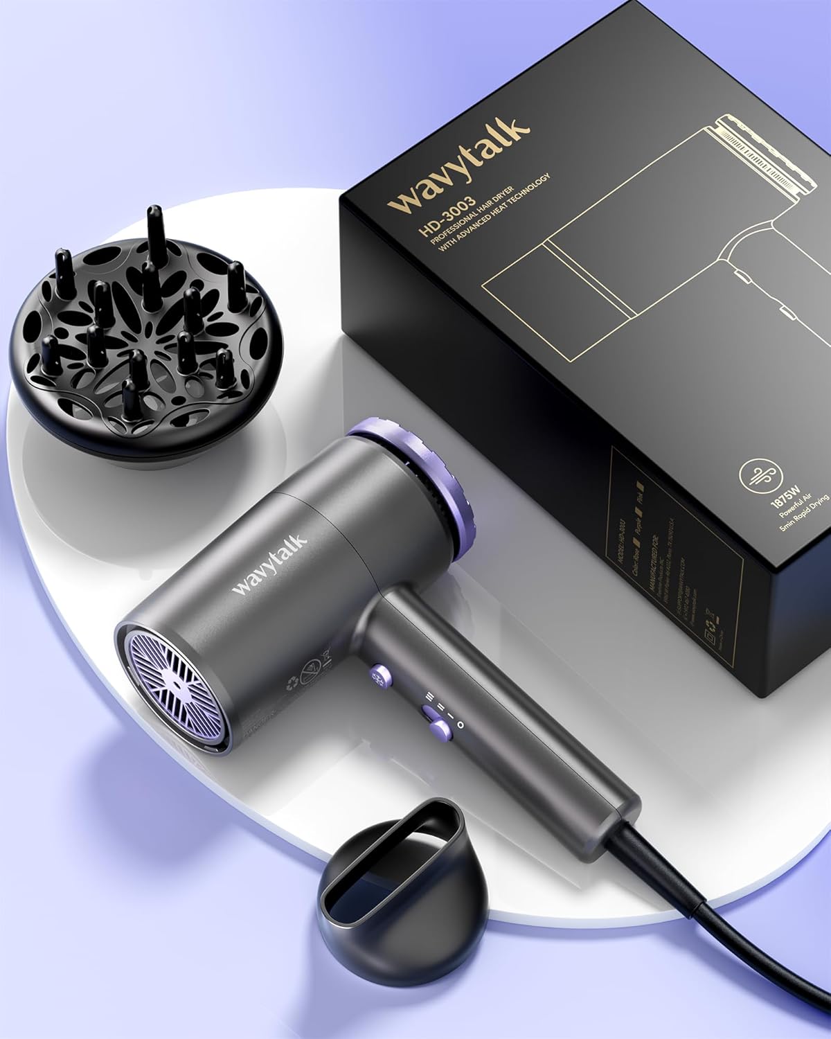 Wavytalk Hair Dryer with Diffuser 1875W Ionic Blow Dryer for Fast Drying with Concentrator Lightweight, Purple. - Image 7