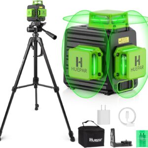 Laser Level 360 Self Leveling with 47" Tripod, Huepar 3x360° High Brightness Green Laser Leveler Tool for Construction, Tile and Picture Hanging, 5200 mAh Li-ion Battery & 2 Portable Bag Included