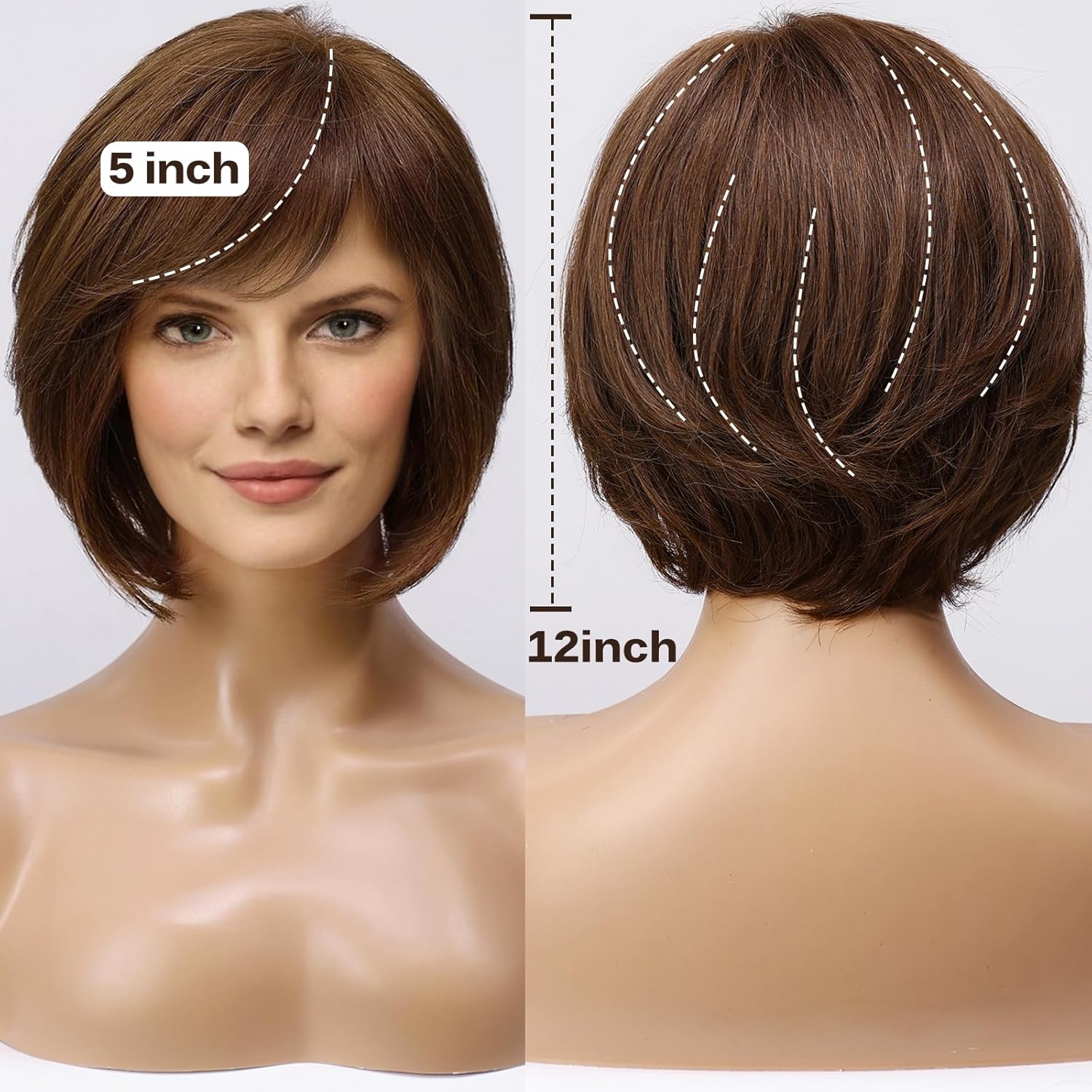 HAIRCUBE Short Brown Wig for Women Hand-Tied Lace Front Human Hair Wig Layered Bob Wig with Bangs Natural Wig for Daily Use - Image 5