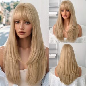 Gold Long Wigs Human Hair with Bangs, Layered Full Head Straight, Breathable Capless Glueless, Heat Resistant Tangle Free Real Hair (Blonde,23inch)
