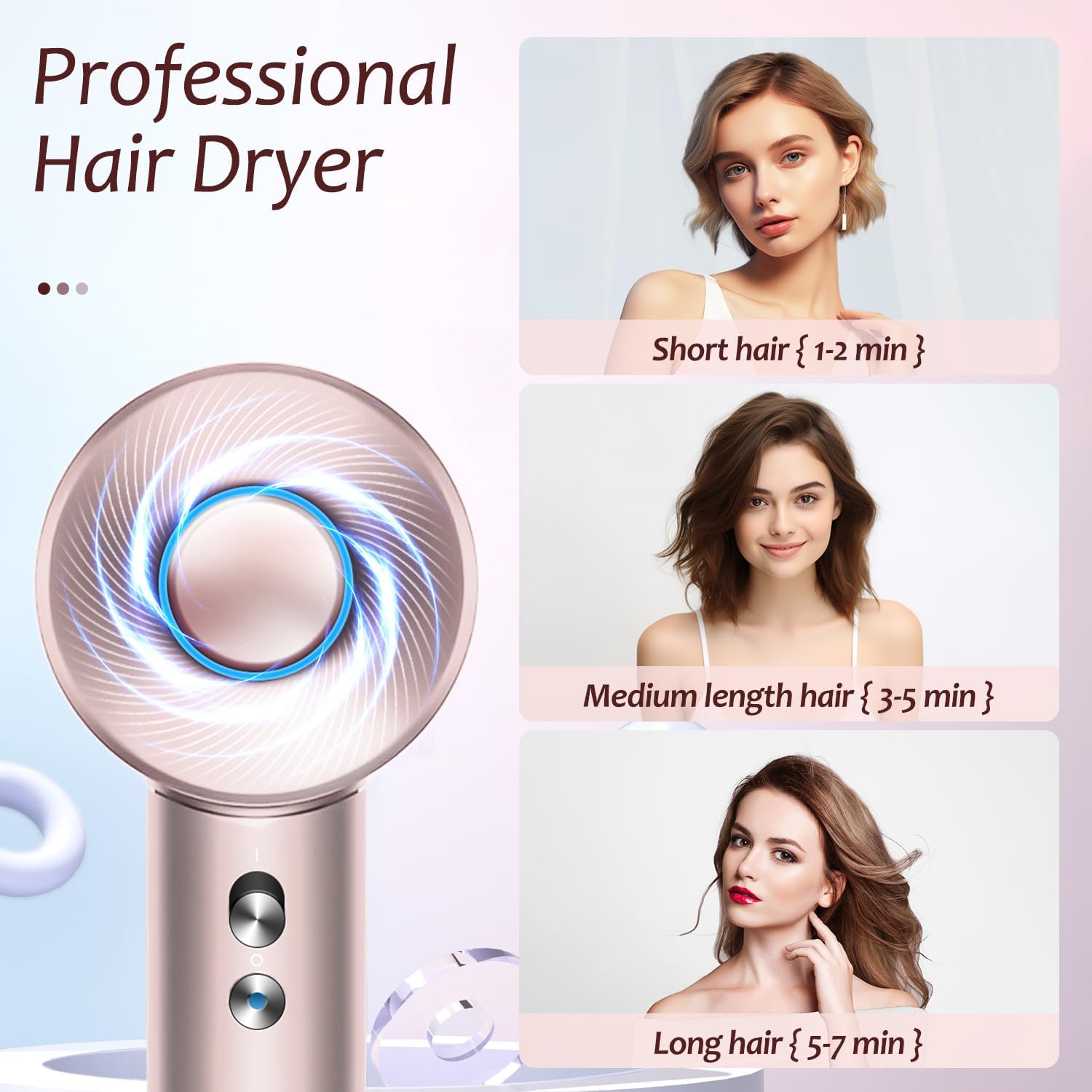 Brushless Powerful Hair Dryer, 1600W 110,000 RPM Fast Drying High Speed Blow Dryer with Negative Ion Technology, Portable Lightweight with Diffuser and Nozzle for Home Salon Travel, Pink - Image 7