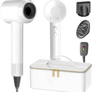 Hair Dryer with Carry Case, 160000 RPM Professional High-Speed Blow Dryer 200 Millions Negative Ionic Care Hair Dryer for Fast Drying, Low Noise Hairdryer, Travel with Magnetic Diffuser&Nozzle, White