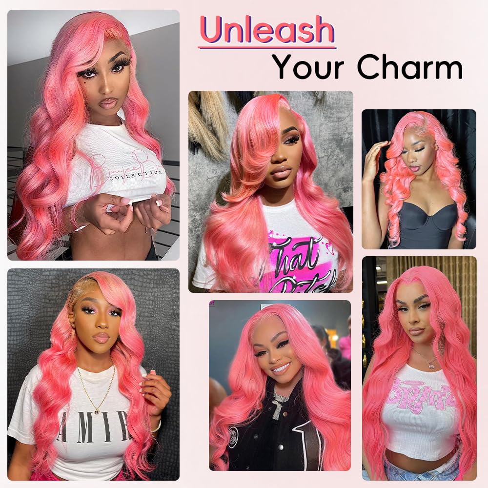 Pink Lace Front Wig Human Hair 13x4 HD Lace Front Wigs Human Hair Pre Plucked Body Wave Pink Human Hair Wig 200% Density Colored Frontal Wigs Human Hair 24 Inch - Image 3