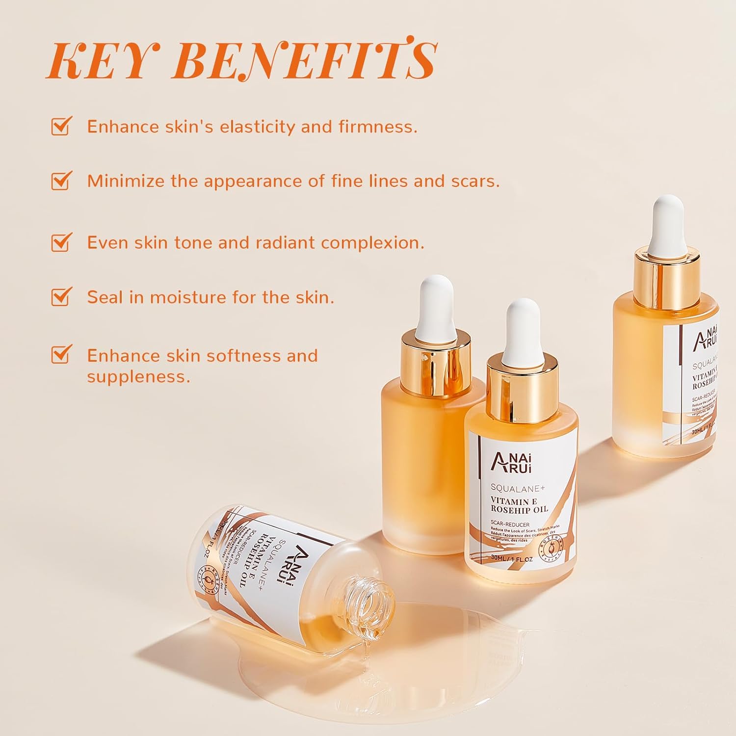 ANAI RUI Squalane + Vitamin E Rosehip Oil Moisturizer for Face Hydrate, Reduce Scars and Stretch Marks, Wrinkles for Smoother, Softer Skin 1 fl. Oz - Image 2