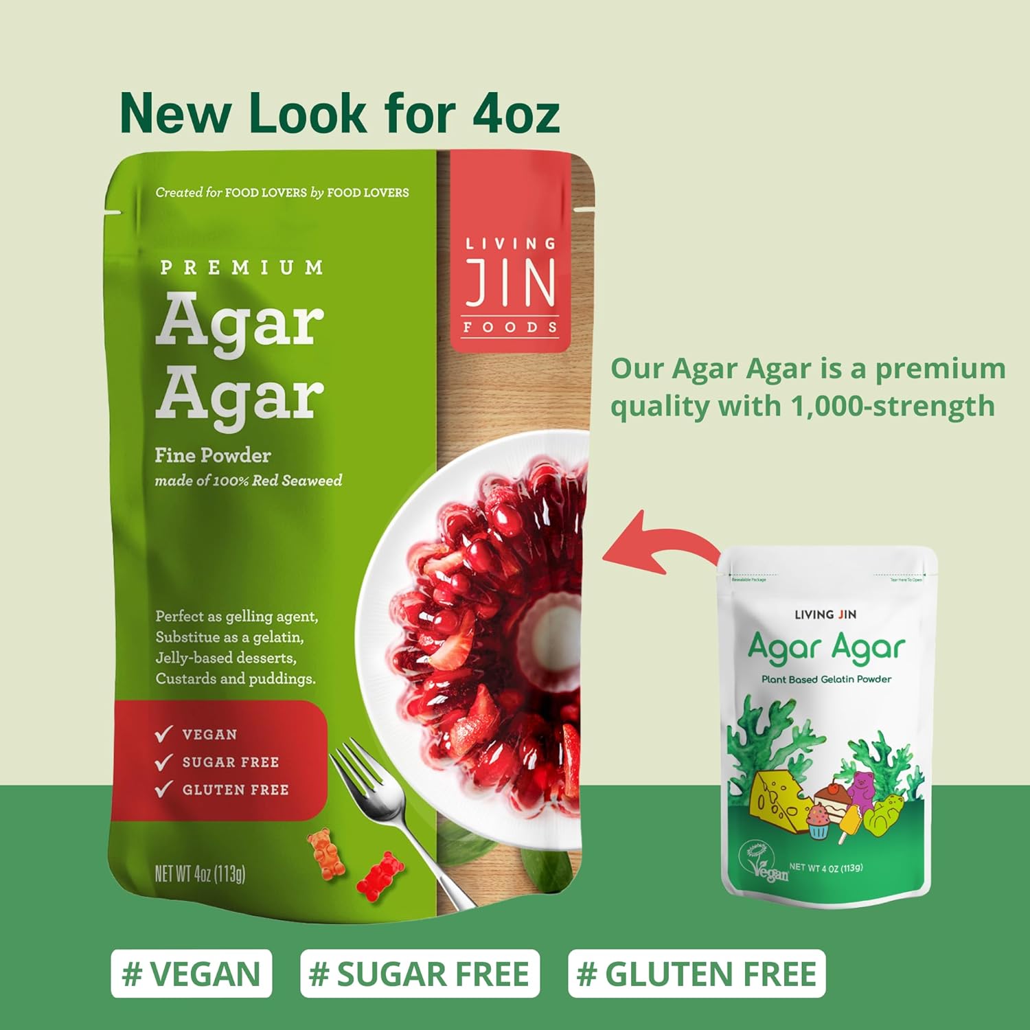 LIVING JIN Agar Agar Powder, 4 oz. Kosher, Plant-Based Gelatin Powder, Vegan Agar Agar, Vegan Jello, Sugar-Free, 100% Natural Red Algae - Image 3