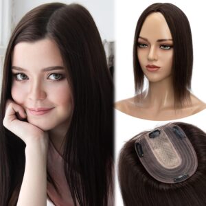 MY-LADY Human Hair Toppers for Women Real Remy Hair 130% Density 10 * 12CM Silk Base No Bangs Clip in Hair Pieces Straight Hairpiece for Thinning Hair 12 Inch #02 Dark Brown
