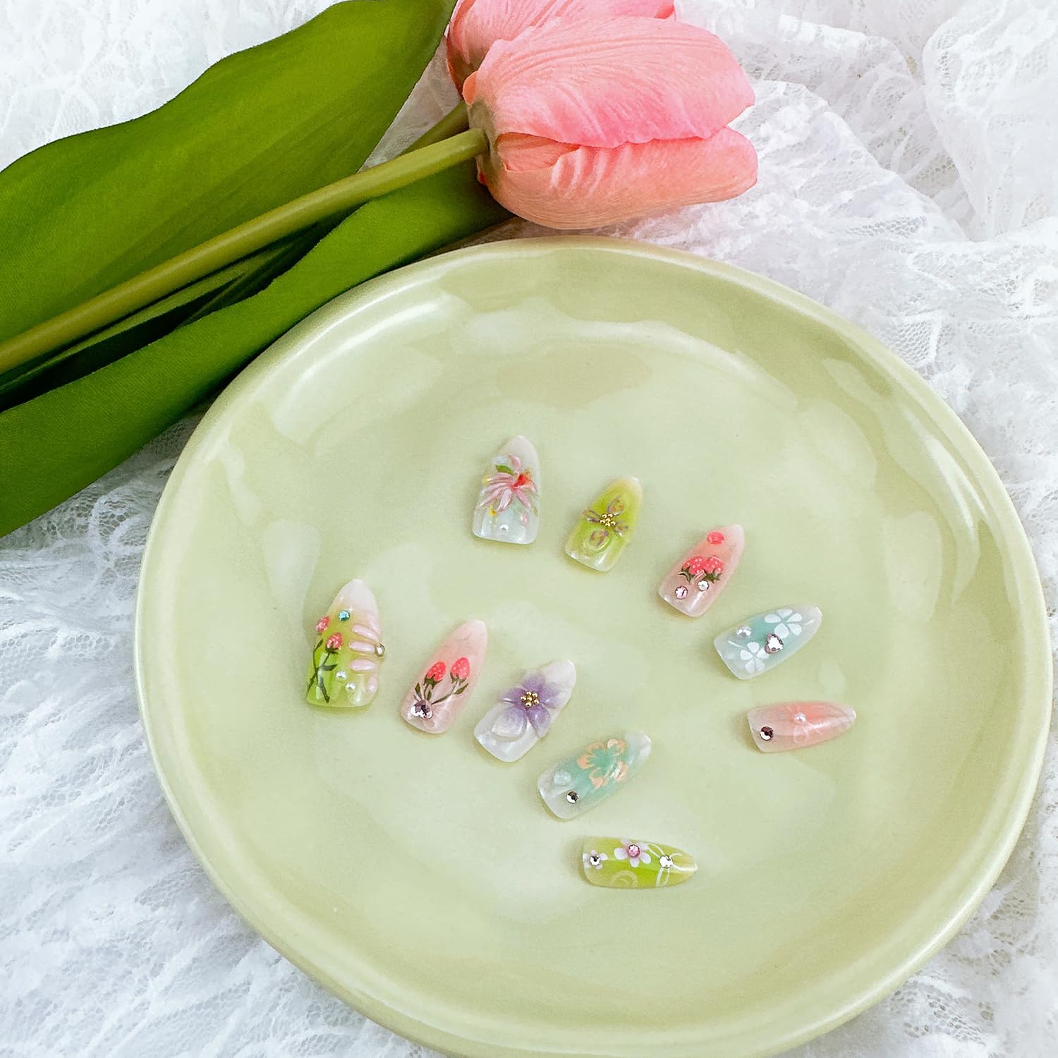 30Pcs 3D Flower Press on Nails Medium Almond Fake Nails with Pearl Rhinestones Designs Fill Cover Glue on Nails Cute Strawberry Acrylic Nails Pink Bow False Nails Star Floral Stick on Nails for Women - Image 4