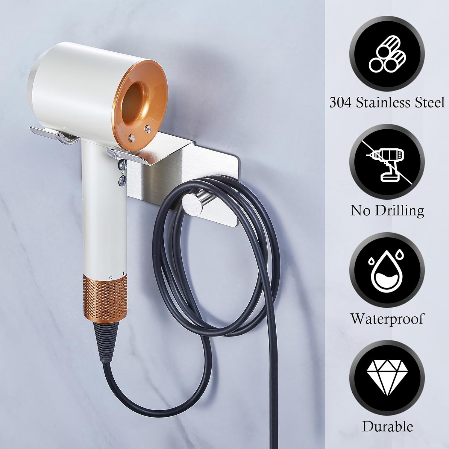 Hair Dryer Holder Wall Mounted, Stainless Steel Blow Dryer Holder, Hair Tool Organizer for Bathroom, Adhesive Hair Dryer Storage Organizer for Wall, Hanger for Hairdryer Blow Dryer - Image 6