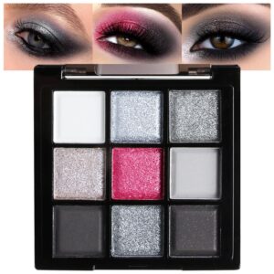 evpct 9 Colors Black Smokey Gray Grey Silver Red Glitter Shimmer Eyeshadow Makeup Palette for Natural Party Makeup, High Pigmented Black Red Matte Metallic Eyeshadow Make up Palette sombras para ojos