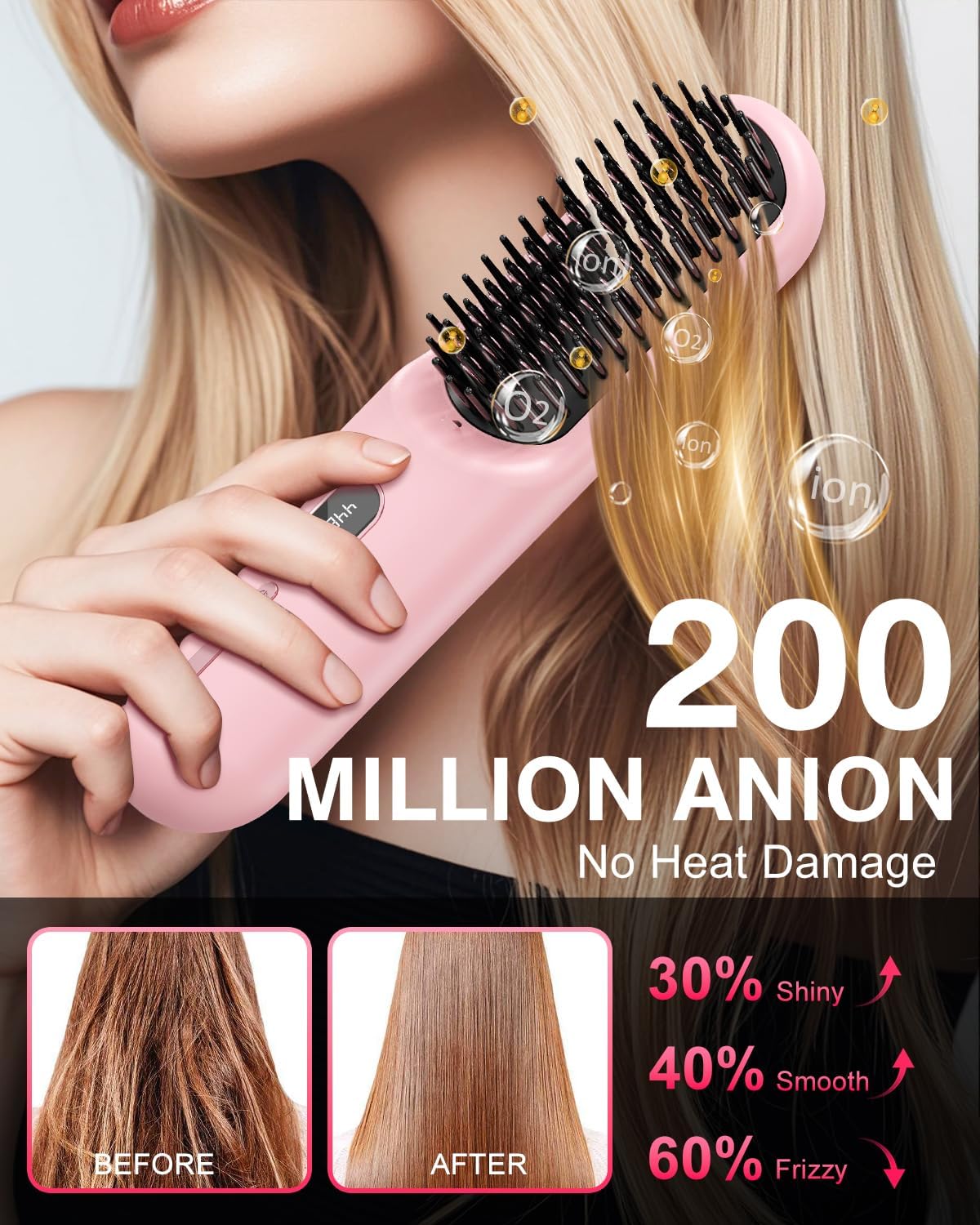 Cordless Hair Straightener Brush with 200 Million Anion, Portable Comb for Travel with LCD Display, 2 Clips - Pink - Image 2