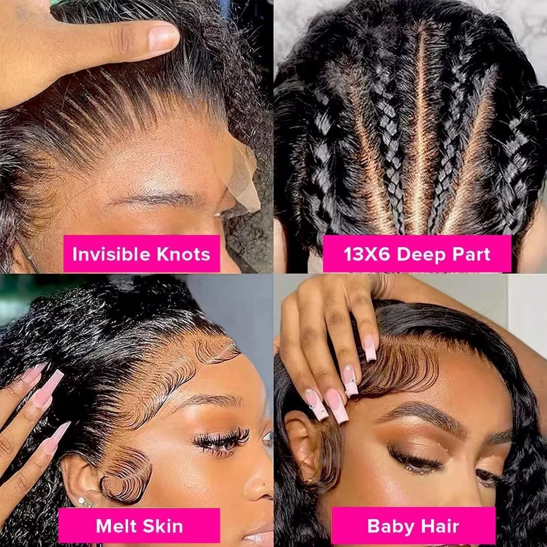 13x6 Deep Wave Lace Front Wigs - Human Hair Glueless Wigs - 200% Density HD Lace Front Wigs - Pre Plucked with Baby Hair - Wet and Wavy - Natural Black (30 Inch) - Image 4
