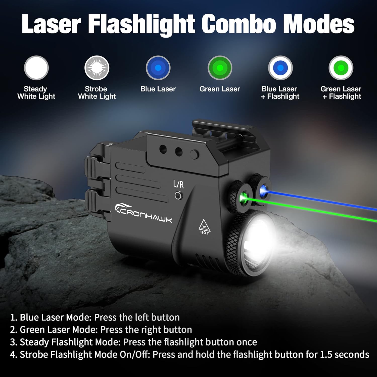 500 Lumen Blue Green Laser Light for Pistol, Rechargeable Rail Mounted Flashlight Laser Combo for Picatinny Rail, Magnetic Charging - Image 3