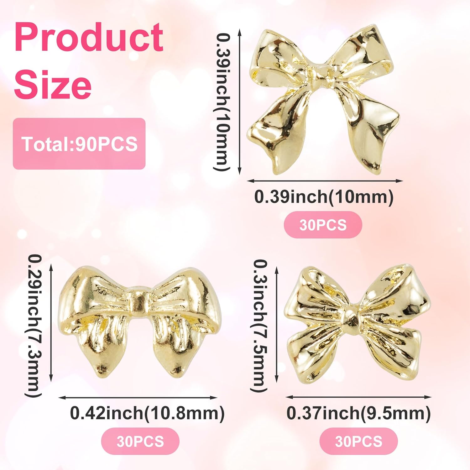 90Pcs Gold Bow Nail Charm 3 Styles Bowknot Nail Bows Glitter Acrylic Kawaii Halloween Christmas Wedding Prom Decoration for Women Scrapbook Envelope Cards Making - Image 2