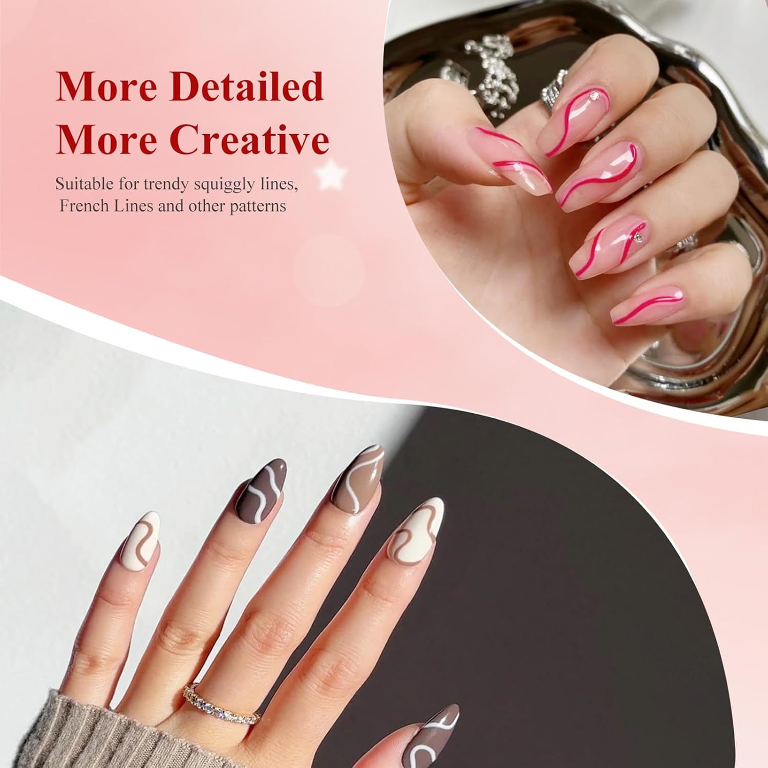 Nail Art Liner Set 6 Pcs Black White Red Gold Silver Glitters Colors Paint Swirl Built Thin Brush in Bottle Soak off Led Lamp Gel Liner Nail Polish Manicure Kits - Image 6
