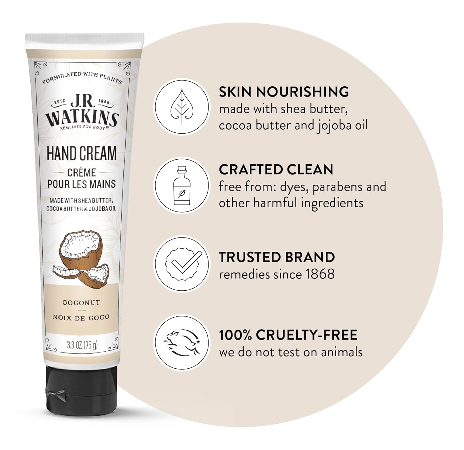 J.R. Watkins Natural Moisturizing Hand Cream, Coconut, Hydrating Hand Moisturizer with Shea Butter, Cocoa Butter, and Avocado Oil, USA Made and Cruelty Free, 3.3oz - Image 3