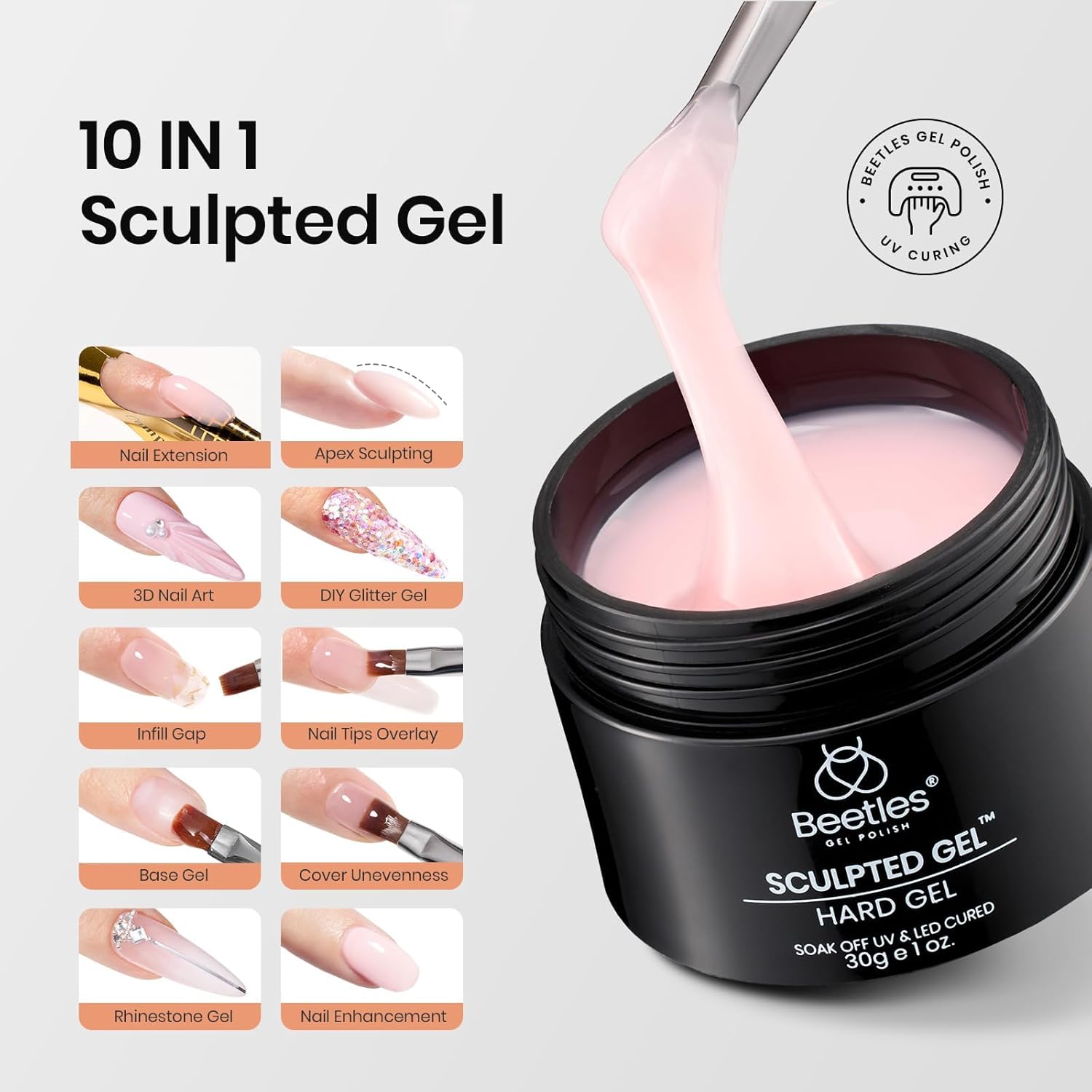 Beetles Builder Gel for Nails-10 in 1 30g *3 Colors Builder Gel Nail Kit Nail Extension Clear Nude Pink Hard Gel Sculpted Gel with Base Top Coat Nail Forms Nail Pen Nail Art Manicurist Gift for Women - Image 2