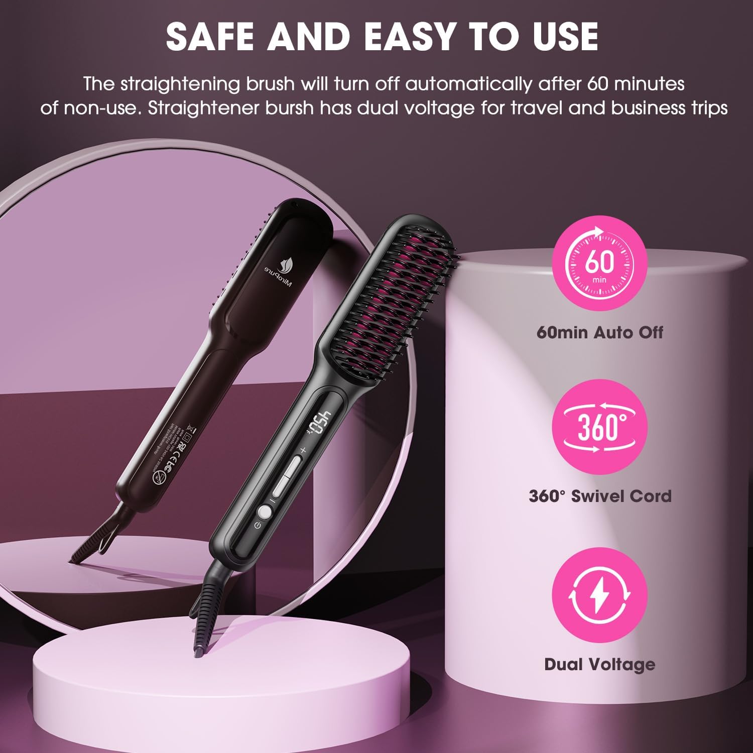 MiroPure Hair Straightener Brush with Plasma Technique, Ceramic Straightening Brush with 16 Temp Settings 30s Fast Heating, Hair Straightener Comb for Women with LED Display & Dual Voltage, Black - Image 5