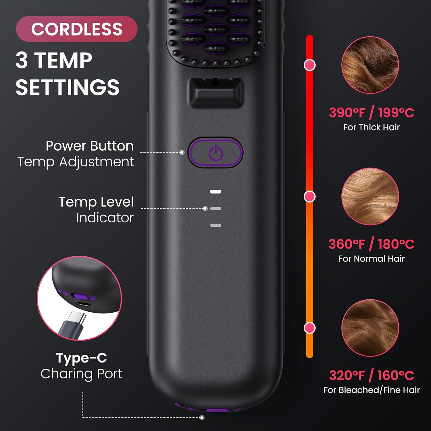 Cordless Hair Straightener Brush, Portable Mini Straightening Brush for Travel, Negative Ion Hot Comb Hair Straightener for Women, Light Purple - Image 7
