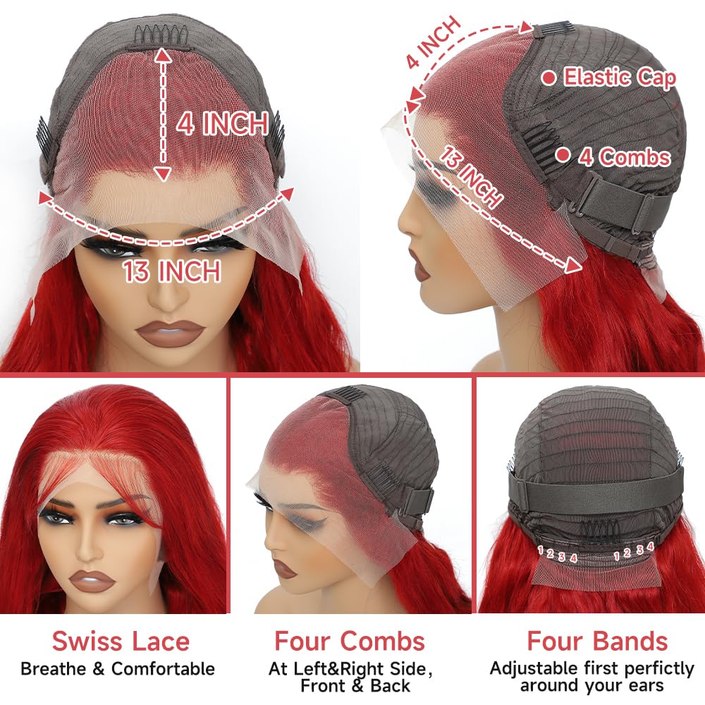 Red Lace Front Wigs Human Hair Pre Plucked 13x4 Body Wave Colored Red Human Hair Wig Hd Lace Frontal Glueless Wigs 180% Density 22 Inch - Image 4