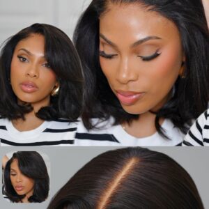 Nadula Bye Bye Knots Glueless Yaki Straight Bob 7x5 Lace Front Wigs Human Hair Pre Plucked Invisible Knots Pre Everything 3S Ready to Wear Short Yaki Bob Wigs Pre Cut 150% Density 12inch