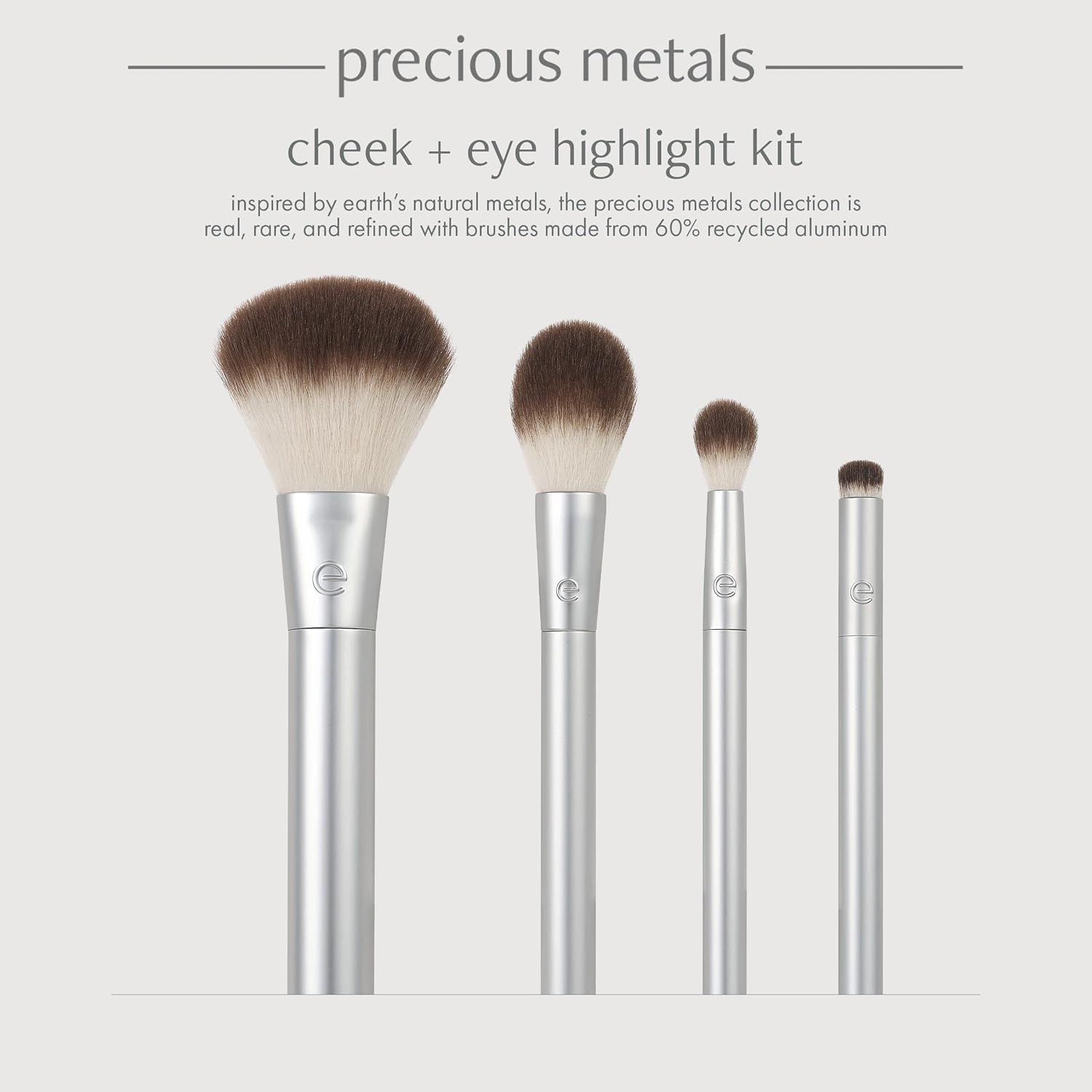 EcoTools Precious Metals Cheek & Eye Highlight Makeup Brush Kit, for Eyeshadow, Blush, & Powder Products, Eco Friendly, Cruelty Free Face Brushes, Recycled Aluminum, Chrome, 4 Piece Set - Image 3