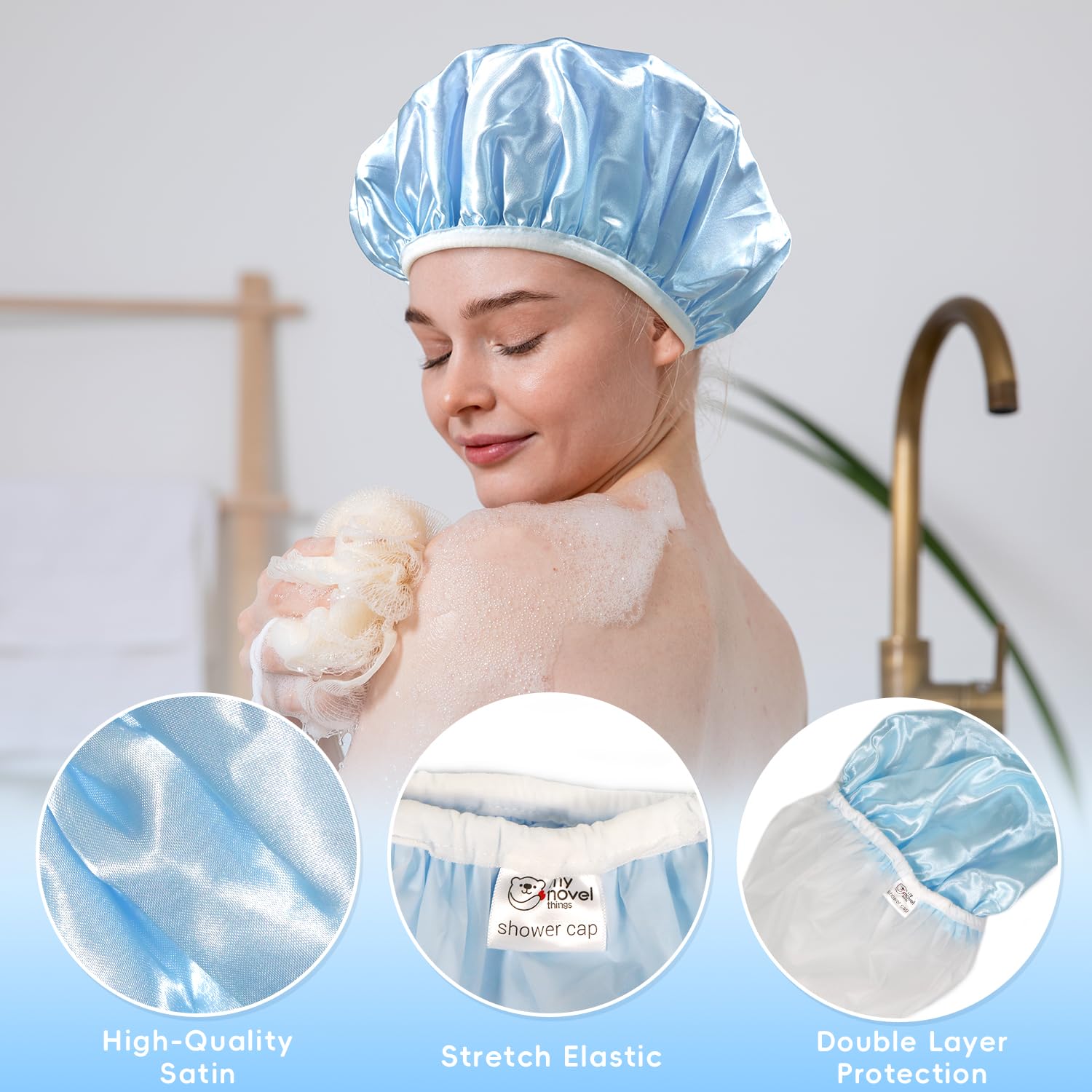 Hair towel wrap for women, Shower cap reusable waterproof, Shower cap and Hair Towel set, Come with a spa headband and wristbands Soft and Breathable for Long Thick Hair-Blue - Image 5