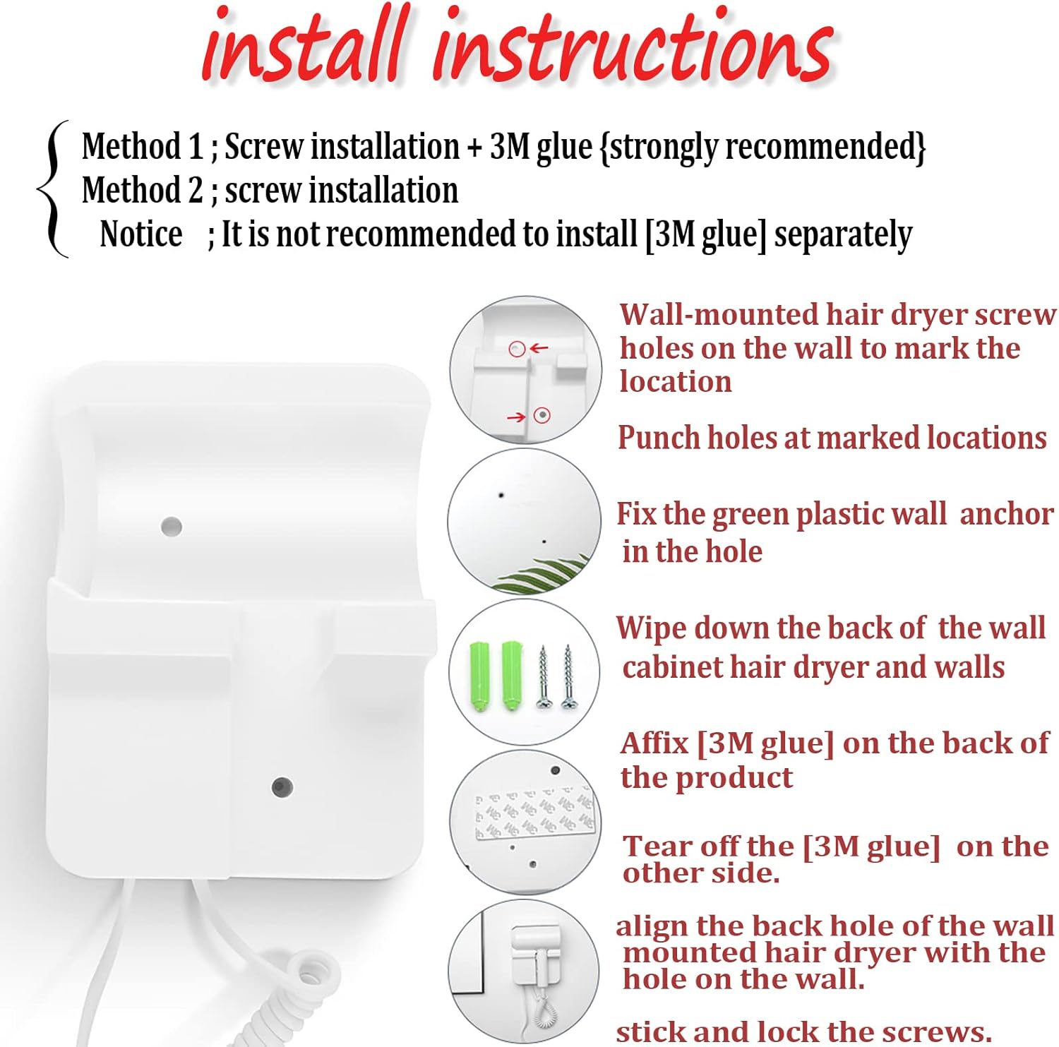 Hotel Wall Mounted Hair Dryer for Bathroom,Restroom Professional Blow Dryer,with Stand Rack,Specialised Motor for Salon,Fast Drying - Gifts【Massage air Cushion Comb, Screws+ Adhesive】 110V - Image 2
