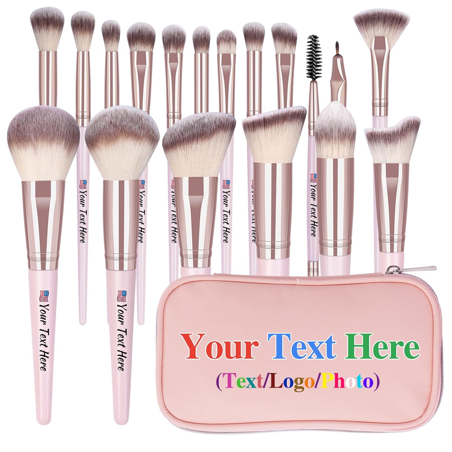 Personalized Gift Custom Makeup Brush Set, 18 Pcs Premium Synthetic Personalized Makeup Brushes Foundation Eyeshadow Brush Powder Blush Concealers Brush Set Travel Makeup Brushes with Case(Pink)