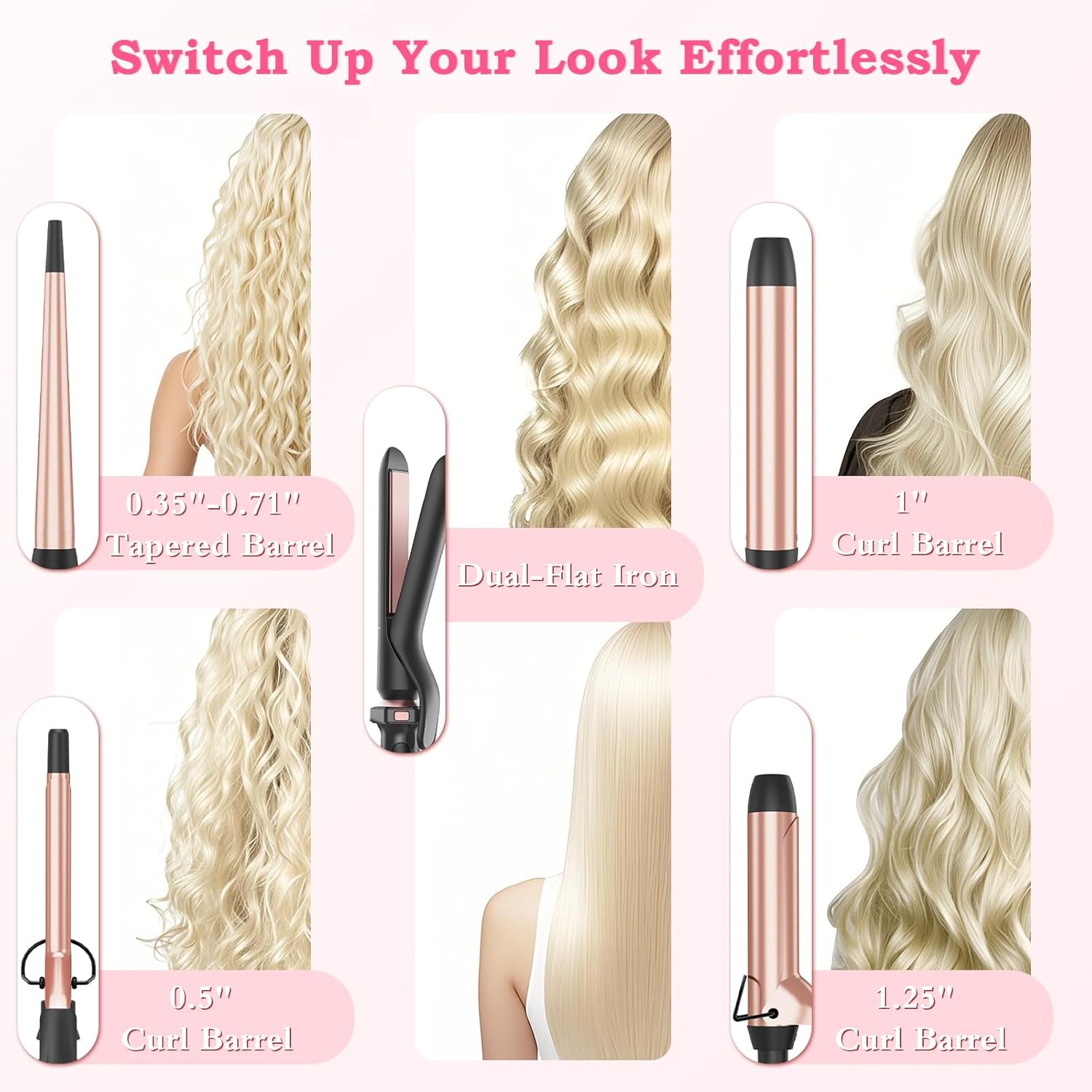 Ufree 5 in 1 Curling Iron with Interchangeable Ceramic Barrels (0.35"-1.25"), Curling Wand Set with Flat Iron Hair Straightener, Instant Heat Up, Dual Voltage Hair Curler, Gifts for Women - Image 2