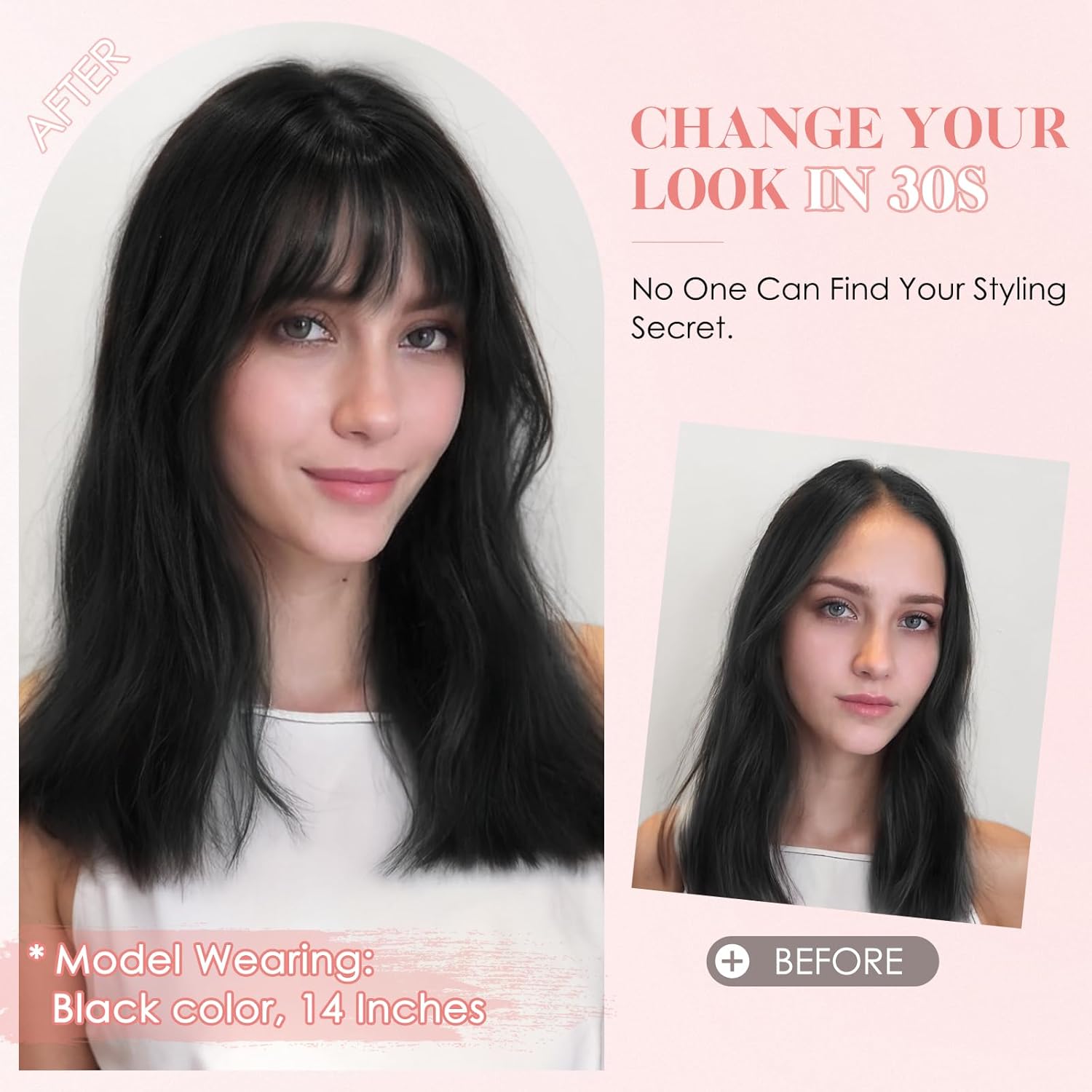 Hairro Human Hair Topper with Wispy Bangs, Clips on 360° 3D Cover Real Hairpieces Lightweight, 2.25"x6" Base for Women with High Hairline/Thinning Hair, 10 Inch Natural Black - Image 2